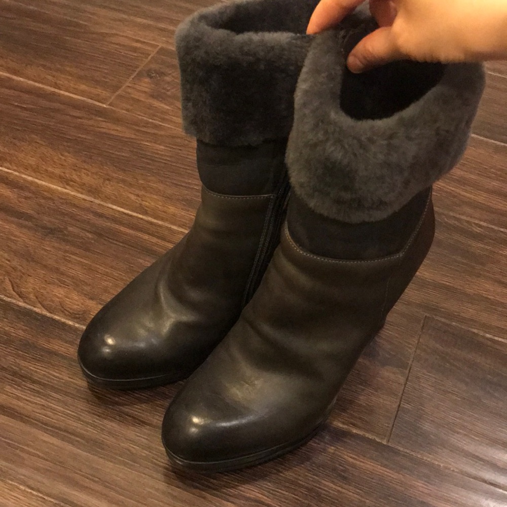 Dark gray leather shearling heeled boots